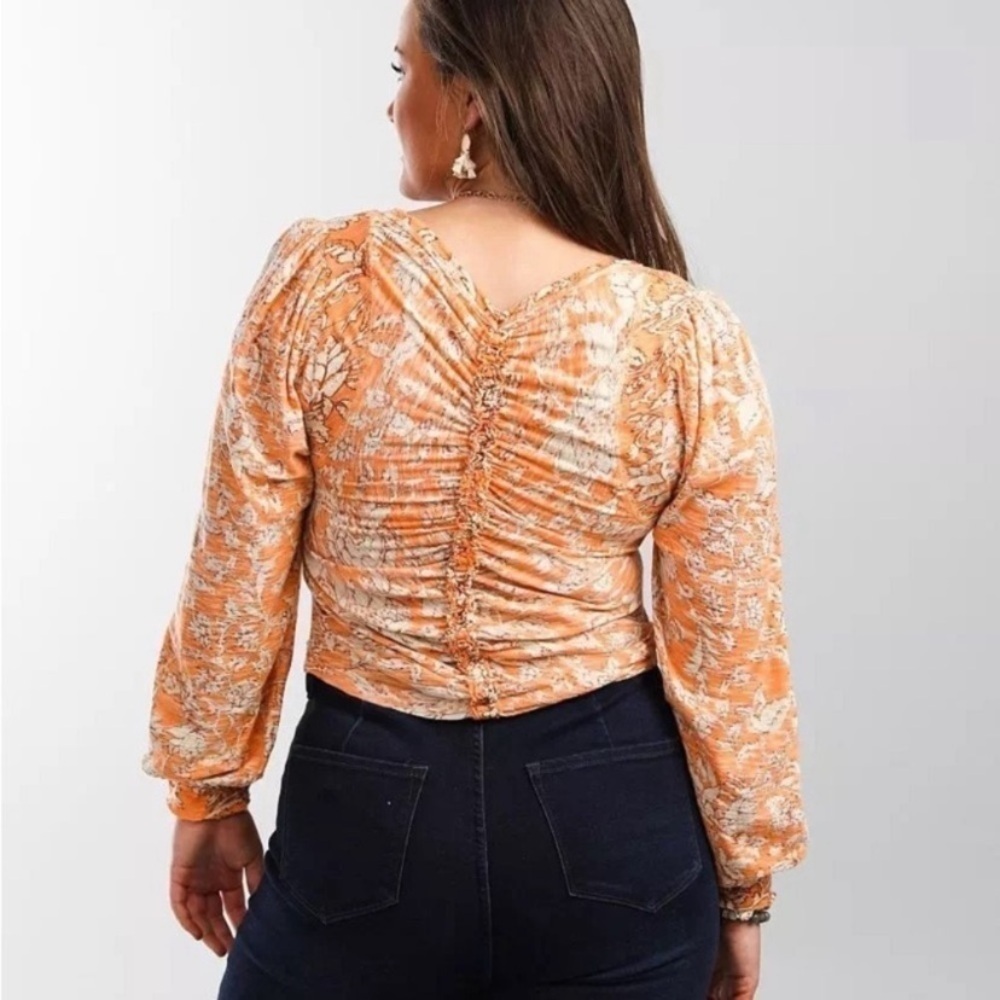 Free People Say The Word Top Blood Orange Floral Ruched Long Sleeve Blouse S NWT - Picture 11 of 11